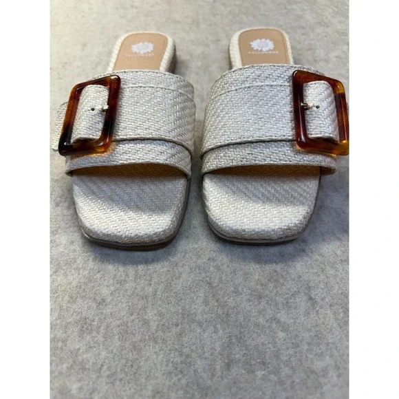 Yellow Box Kelila Sandals Women Size 8 Cream Woven Raffia Slide Tortoise Buckle - Picture 3 of 8